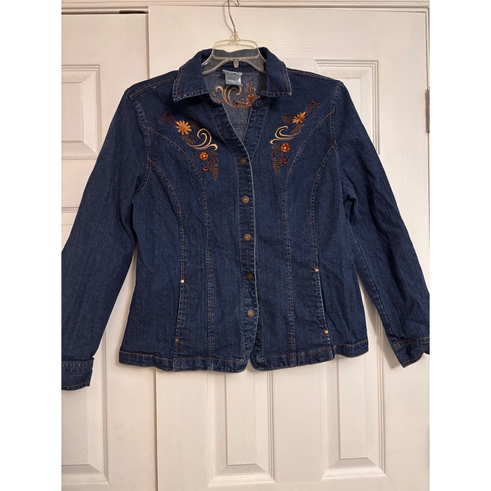 Decorated Originals Womens Floral Embroidered Denim Shirt Jacket Dark Wash Large